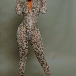 Leopard Print Long-Sleeve Jumpsuit - Brown